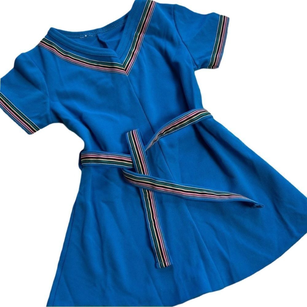 Vintage 1970s Handmade One of a Kind Girl’s Rainbow Trim Belted Dress